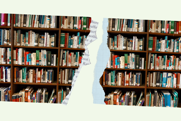 An illustration of a photo of books being torn.