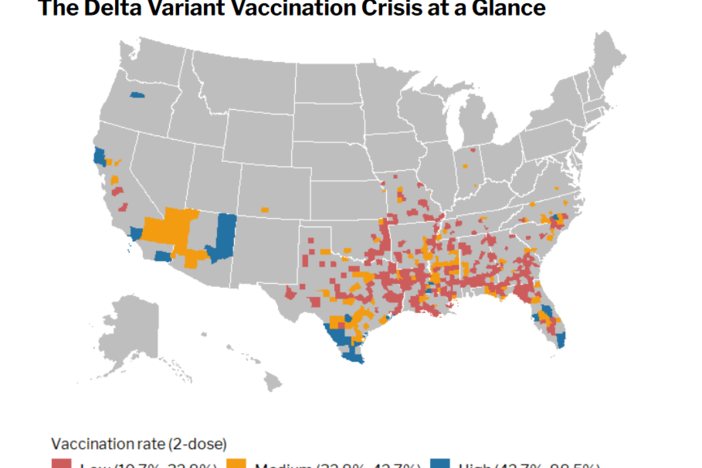 Map of the United States with delta variant coronavirus cases highlighted