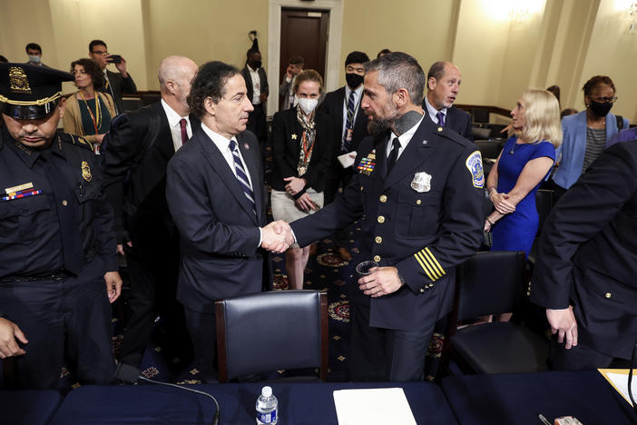 Rep. Jamie Raskin, D-Md, shakes hands with Washington Metropolitan Police Department officer Michael Fanone after a House select committee hearing on the Jan. 6 attack on Capitol Hill in Washington, Tuesday, July 27, 2021. 