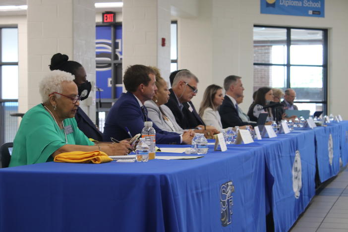 State lawmakers who will redraw Georgia’s district lines later this year hold a joint town hall hearing to gather public input June 29, 2021, at South Forsyth High School in Cumming. 