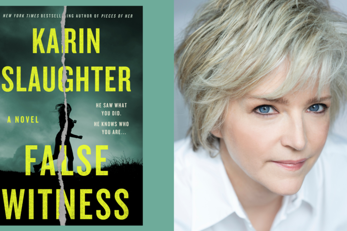 Author Karin Slaughter and a cover of her book.