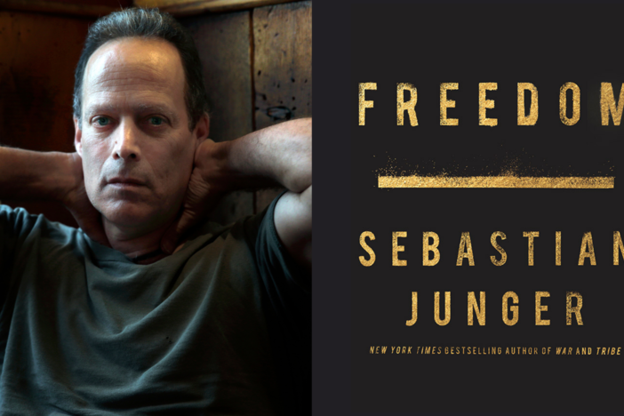 Author Sebastian Junger next to a cover of his book.
