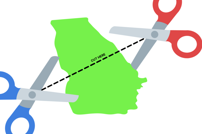 An illustration of two giant scissors cutting Georgia in half.