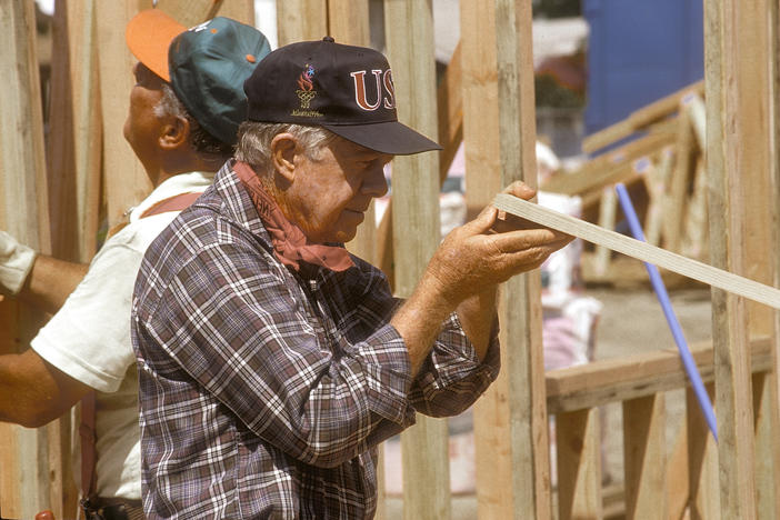Beginning in 1984, Jimmy and Rosalynn Carter volunteered one week a year to build homes for Habitat for Humanity. Jimmy Carter is pictured here working in the Watts/Willowbrook community of Los Angeles in 1995.