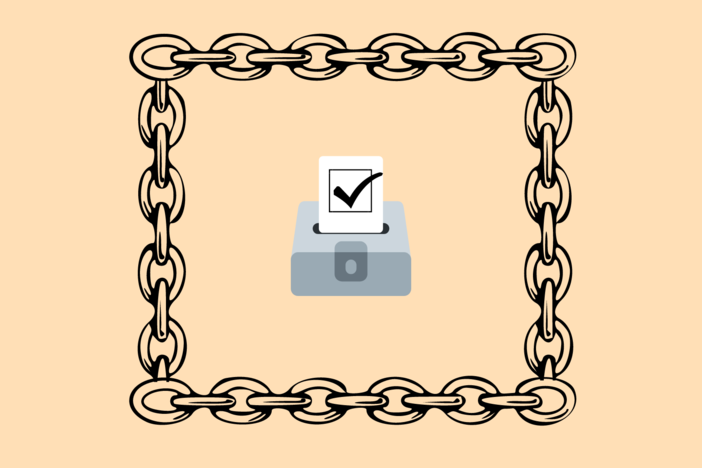 An illustration of a ballot box protected by chains.
