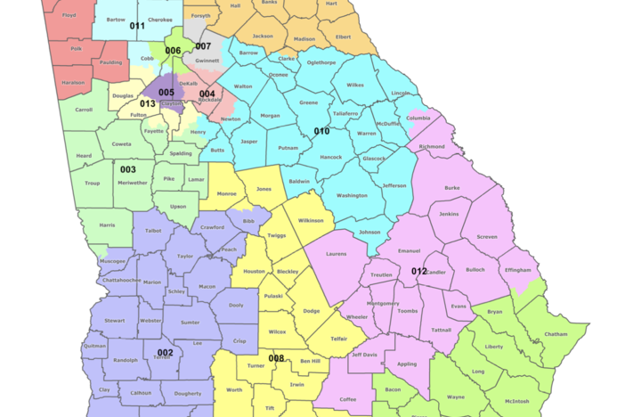 Georgia's current 14 congressional district. State Republicans may alter current districts to strengthen their power over the next decade. source Georgia General Assembly. 