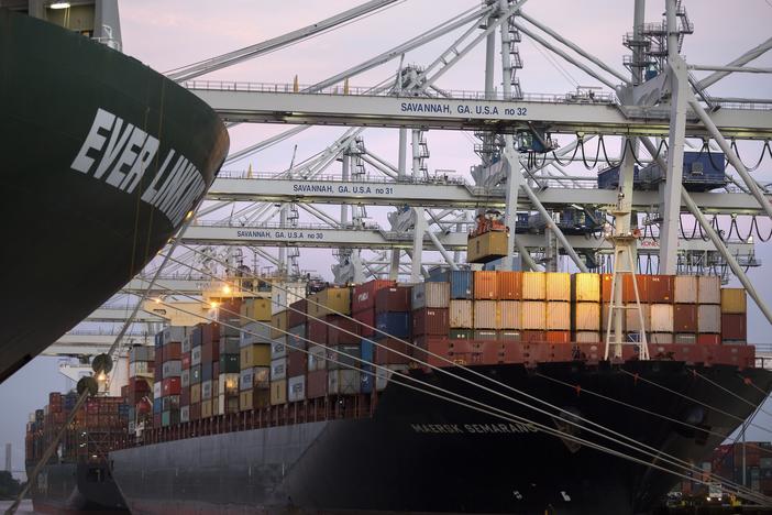 In this June, 19, 2018 photo, several ship to shore cranes stack shipping containers on-board the container ship Maersk Semarang at the Port of Savannah in Savannah, Ga. The Georgia Ports Authority reported Tuesday, July 30, 2019, that its ports at Savannah and Brunswick handled a record 37.5 million tons (34 million metric tons) of cargo in the 2019 fiscal year that ended June 30. That's a 4.2% increase over the previous year.