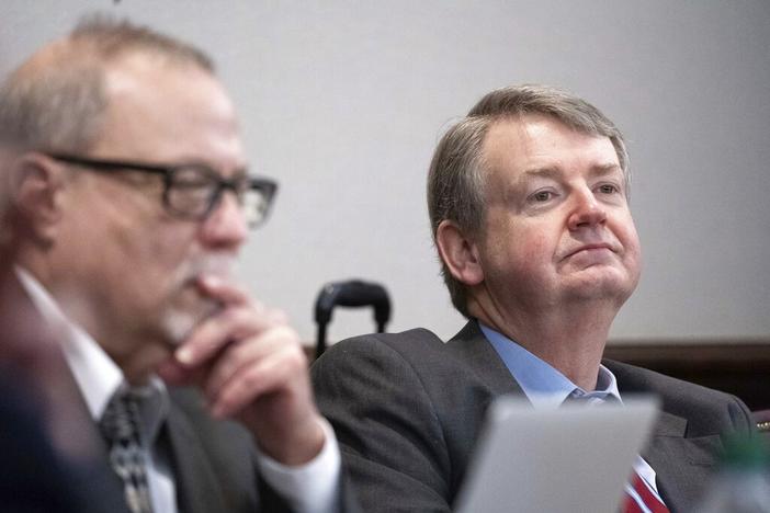 Defense attorney Kevin Gough listens to court proceedings during the trial for the killing of Ahmaud Arbery at the Glynn County Courthouse on Thursday, Nov. 18, 2021, in Brunswick, Ga.