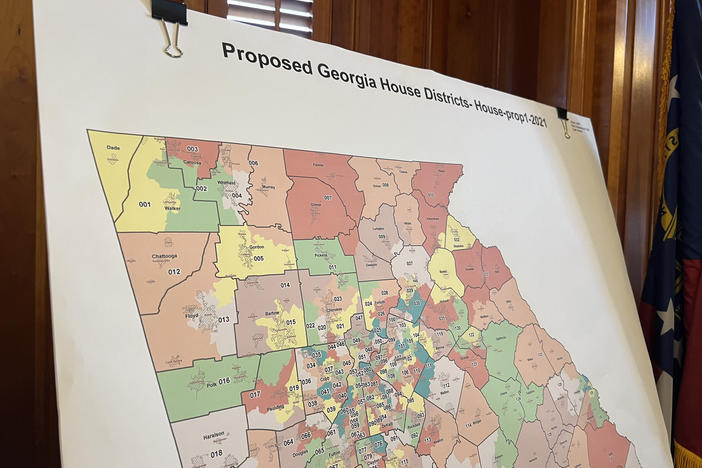 A proposed map of Georgia's 180 state House districts sits outside the chamber before lawmakers approved it on a mostly-party line vote.