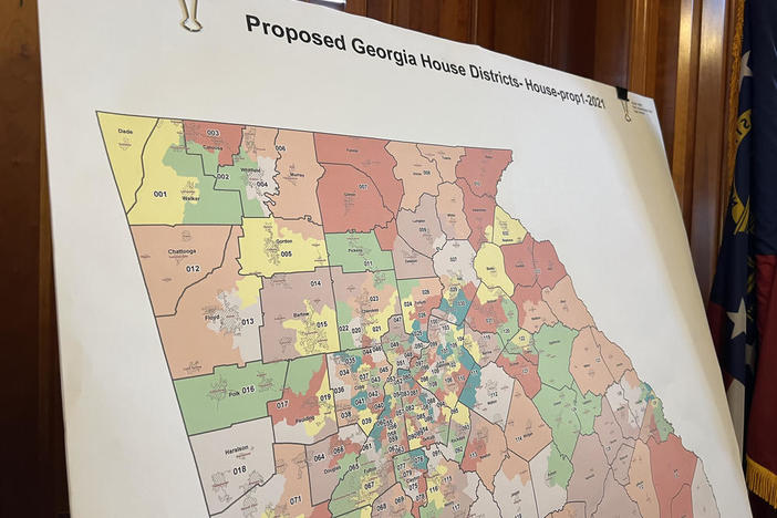 A proposed map of Georgia's 180 state House districts sits outside the chamber before lawmakers approved it on a mostly-party line vote.