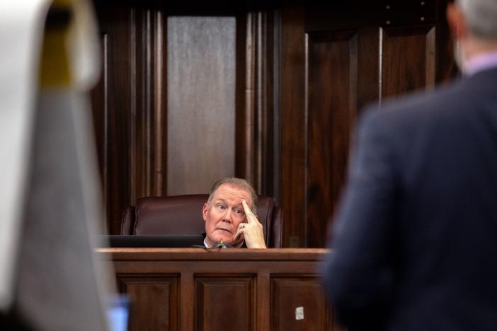 Superior Court Judge Timothy Walmsley responds to an objection by the prosecution during the trial of Greg McMichael and his son, Travis McMichael, and a neighbor, William "Roddie" Bryan in the Glynn County Courthouse, Tuesday, Nov. 9, 2021, in Brunswick, Ga. 