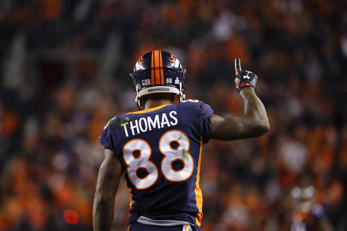 Denver Broncos wide receiver Demaryius Thomas reacts after making a catch during the first half of the team's NFL football game against the New York Giants on Oct. 15, 2017, in Denver. Thomas, who earned five straight Pro Bowls and a Super Bowl ring during a prolific receiving career spent mostly with the Broncos, has died at the age of 33. Thomas was found dead in his suburban Atlanta home Thursday night, Dec. 9, 2021.