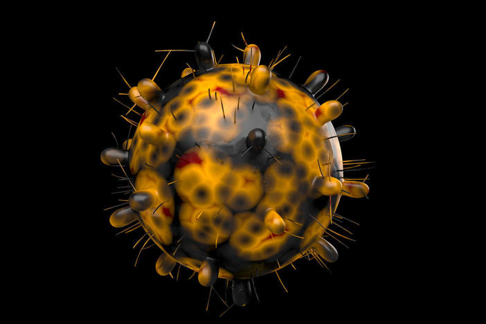 Here's a computer-generated image of the omicron variant of the coronavirus — also known as B.1.1.529. Reported in South Africa on Nov. 24, this variant has a large number of mutations, some of which are concerning.