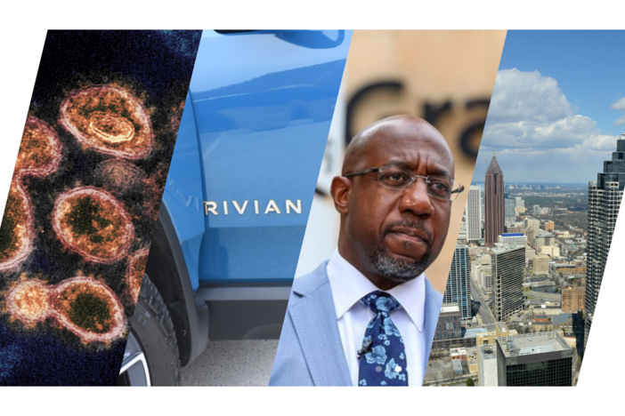 A mashup of images of COVID, a Rivian truck, Raphael Warnock and the city of Buckhead.