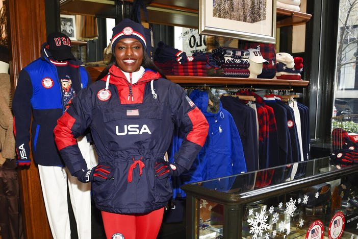 Bobsledder Aja Evans models the Team USA Beijing winter Olympics opening ceremony uniforms designed by Ralph Lauren on Wednesday, Jan. 19, 2022, in New York.