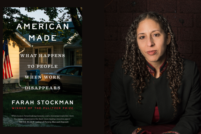 Author Farah Stockman next to the cover of her book, American Made. Bella Wang