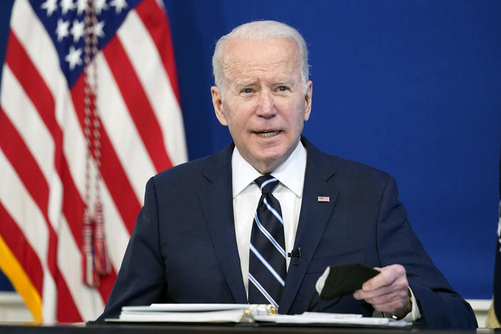 President Joe Biden speaks about the government’s COVID-19 response, in the South Court Auditorium in the Eisenhower Executive Office Building on the White House Campus in Washington, Thursday, Jan. 13, 2022.