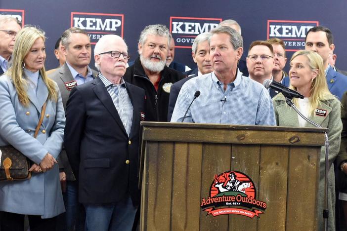 Gov. Brian Kemp speaks at Adventure Outdoors gun shop in Smyrna expressing support for so-called "constitutional carry" gun legislation in 2022.