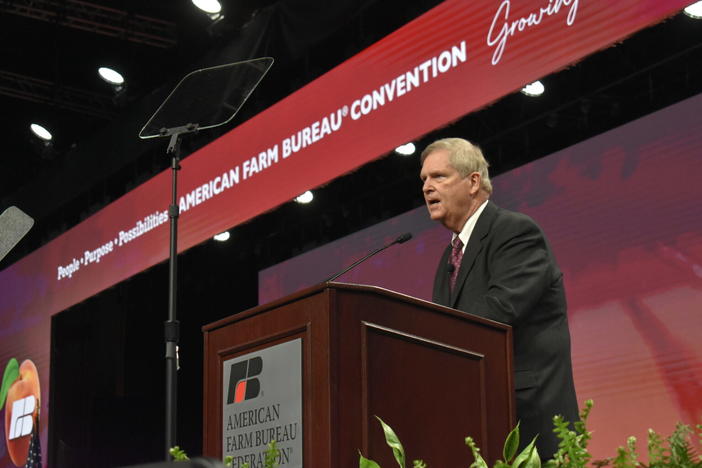 U.S. Agriculture Secretary Tom Vilsack speaks at the 2022 Farm Bureau Convention at the Georgia World Congress Center.