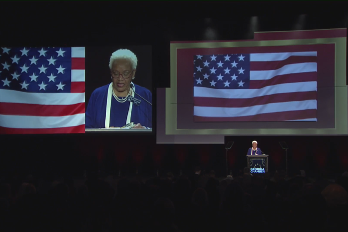 Senate Minority Leader Gloria Butler read the Pledge of Allegiance and the evocation at the start of the 2022 Eggs and Breakfast breakfast on Wednesday.