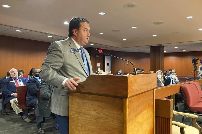 Republican state Sen. Jason Anavitarte of Dallas speaks to a House subcommittee on Tuesday, Jan. 25, 2022, at the capitol in Atlanta. Anavitarte is sponsoring a bill that would give parents a way to ask school officials to remove obscene or inappropriate materials from classes.