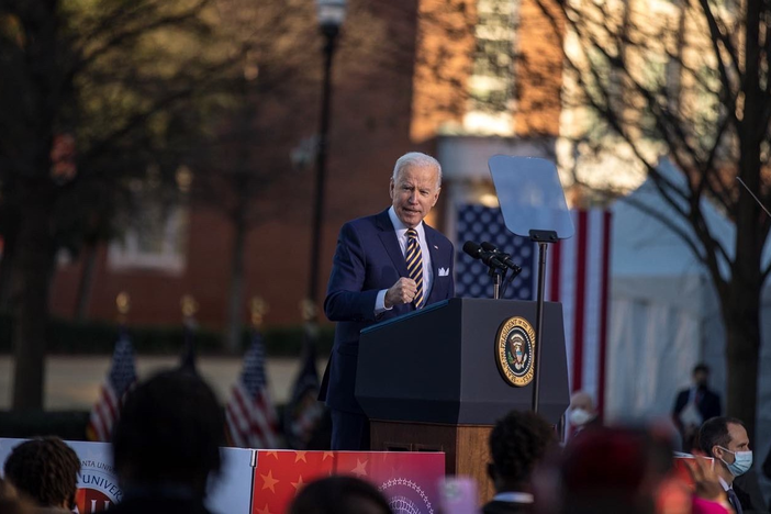 President Joe Biden speaks to a crowd in Atlanta, Ga., during a recent trip to highlight federal voting rights bills in Congress.