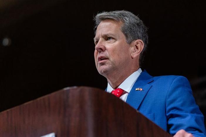 Gov. Brian Kemp speaks at the Georgia GOP convention on June 5, 2021.