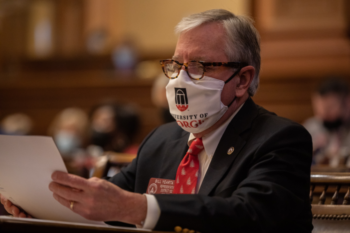 Sylvester State Rep. Bill Yearta wears a University of Georgia mask on the first day of 2022 legislative session as lawmakers celebrate the upcoming national championship game