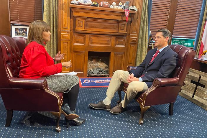 Lawmakers host Donna Lowry (left) and Lt. Gov. Geoff Duncan talk during a February 2022 interview.