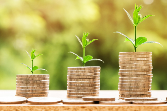 Plants growing on a pile of money.