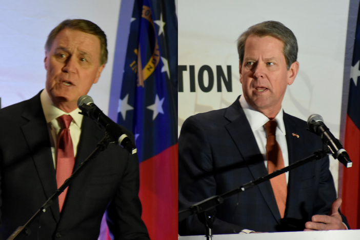 Former Sen. David Perdue (left) says an election finance bill signed by Gov. Brian Kemp (right) unfairly favors Kemp as they vie to be the Republican candidate for Georgia governor.