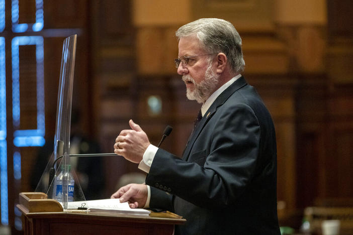 House Appropriations Committee Chairman Rep. Terry England, R-Auburn, speaks to the House in Atlanta on Friday, March 5, 2021. England’s committee on Thursday, Feb. 10, 2022, passed a revised budget for the current year that includes higher pay for state employees and teachers and state income tax rebates.