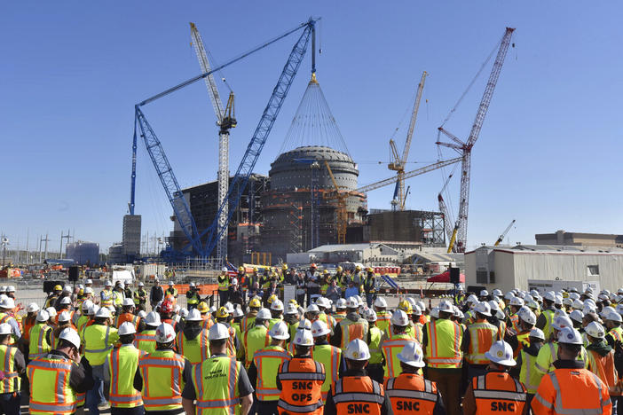 U.S. Secretary of Energy Rick Perry speaks during a press event at the construction site of Vogtle Units 3 and 4 at the Alvin W. Vogtle Electric Generating Plant, Friday, March 22, 2019 in Waynesboro, Ga. Georgia Power Co.’s parent company announced more cost overruns and schedule delays to the project on Thursday, Feb. 17, 2022. 