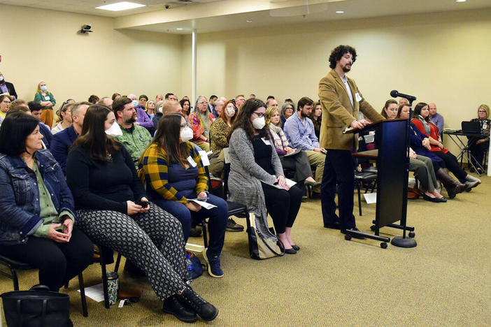 James Cockrum speaks before the McMinn County School Board in a packed meeting room, Thursday, Feb. 10, 2022, in Athens, Tenn. The McMinn County School Board heard from concerned citizens about the removal of the Pulitzer Prize-winning graphic novel about the Holocaust, “Maus," from the district's curriculum at the meeting. 