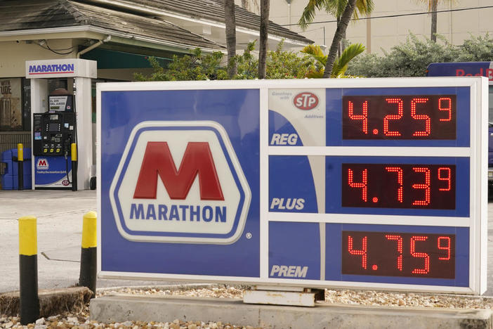 Gasoline prices are displayed at a Marathon station, Wednesday, Nov. 17, 2021, in Miami Beach, Fla.