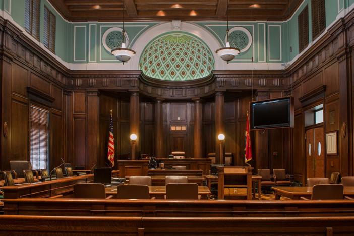 An empty courtroom in the Augusta federal courthouse