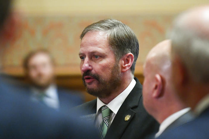 State Senate Finance Committee Chairman Chuck Hufstetler, R-Rome, , speaks to reporters on Jan. 13, 2020 at the state capitol in Atlanta. Hufstetler on Monday, March 28, 2022, unveiled a rewritten income tax cut proposal that would be more modest than the one sought by the House, while also seeking to limit Georgia’s film tax credit.