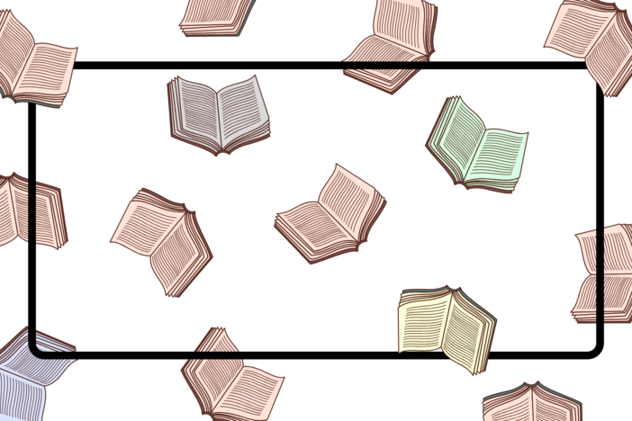 An illustration of books falling from the sky.