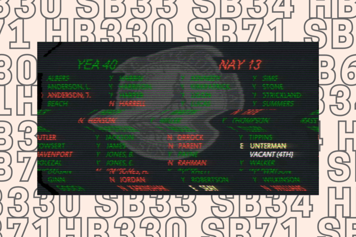 An illustration of numbers and letters behind a distorted image of a screen showing how state lawmakers have voted on an undisclosed bill.