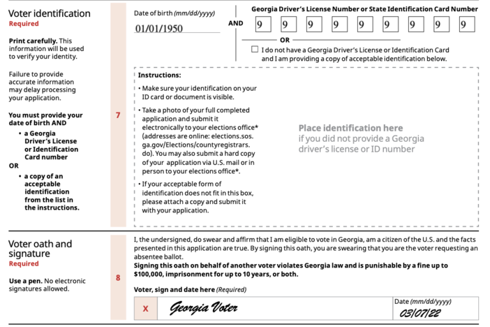 Sample section of Georgia absentee ballot application