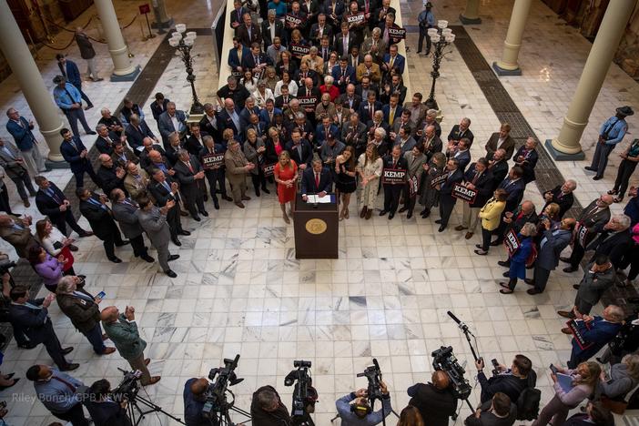 Brian Kemp at the Capitol speaks to the media.