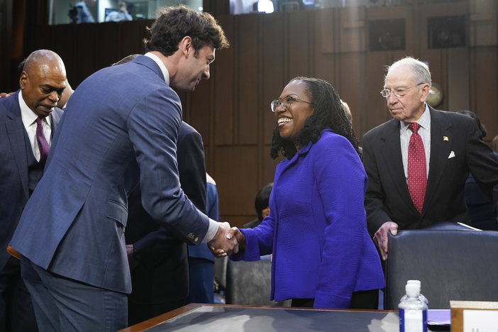 Supreme Court nominee Judge Ketanji Brown Jackson greets Sen. Jon Ossoff, D-Ga., as she arrives for her confirmation hearing before the Senate Judiciary Committee Monday, March 21, 2022, on Capitol Hill in Washington. 