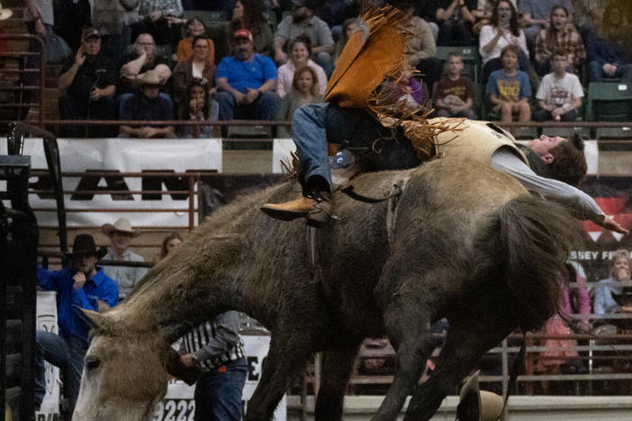 Bareback rider Isaac Ingram on the unnamed horse he was assigned for the rodeo.