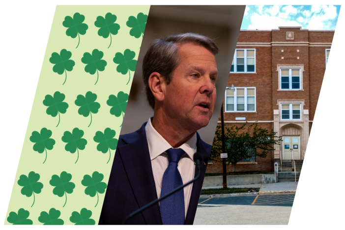 A collage of images of Four-leaf clovers, Brian Kemp and a school. These are all subjects discussed on today's show.