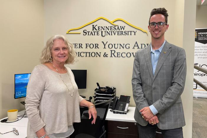 Teresa Wren Johnston and Blake Schneider at Kennesaw State University's Center for Young Adult Addiction and Recovery.