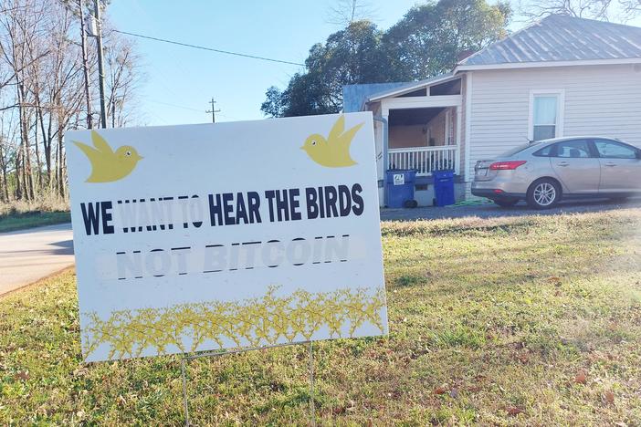 A yard sign protesting the proposed cryptocurrency mine in the town of Forsyth. 