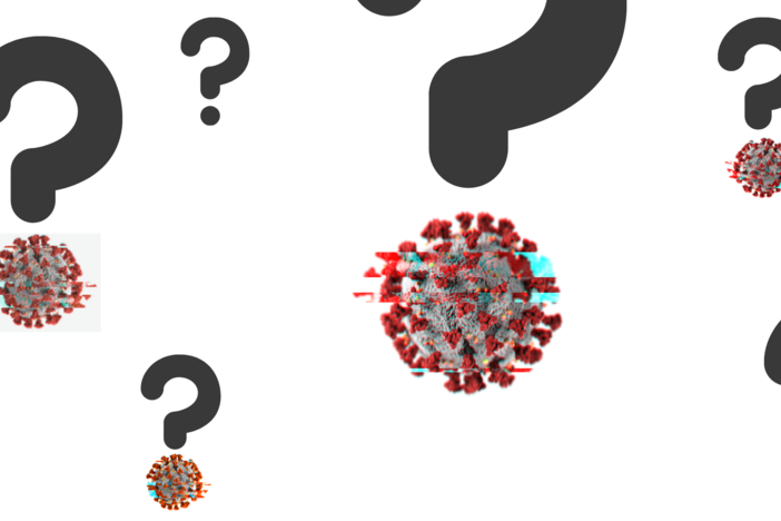 An illustration of questions marks combined with the COVID-19 virus.