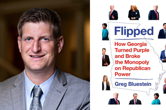A photo of author Greg Bluestein next to the cover of his new book, "Flipped."