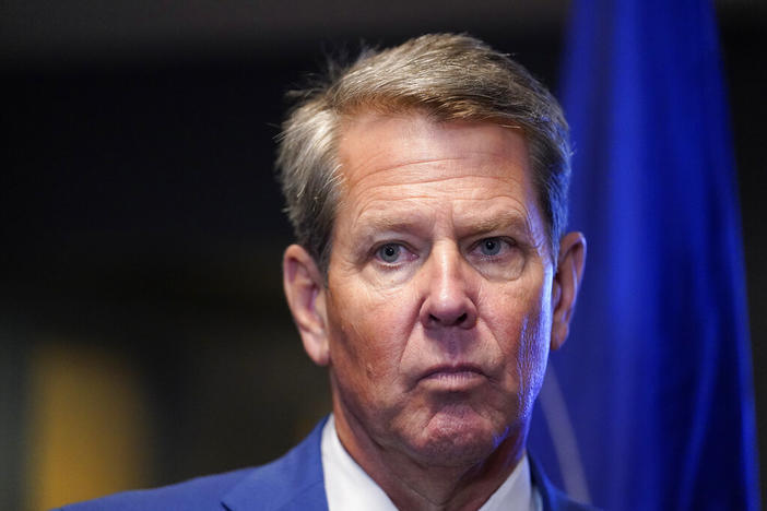 Georgia Gov. Brian Kemp speaks during a news conference, Aug. 26, 2021, in Marietta, Ga. Gov. Kemp and top Republican challenger David Perdue will meet Sunday, April 24, 2022 for the first of three scheduled debates over the next eight days. The debates come as time grows short to persuade the many Georgia voters who will cast ballots ahead of election day May 24. 