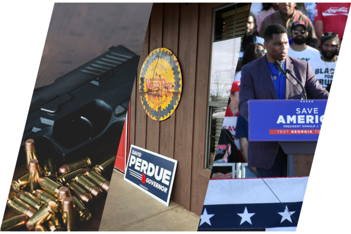 An illustration of a mashup of images, including of a pistol, a David Perdue campaign sign and Herschel Walker.